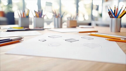 Close-up of a wooden desk with sketches on paper, pencils, and colored pencils in a bright office setting. The focus is on the creative process.