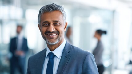 A professional man stands smiling in a well lit office environment filled with colleagues engaged in conversation. His attire is formal and the atmosphere is focused and productive.