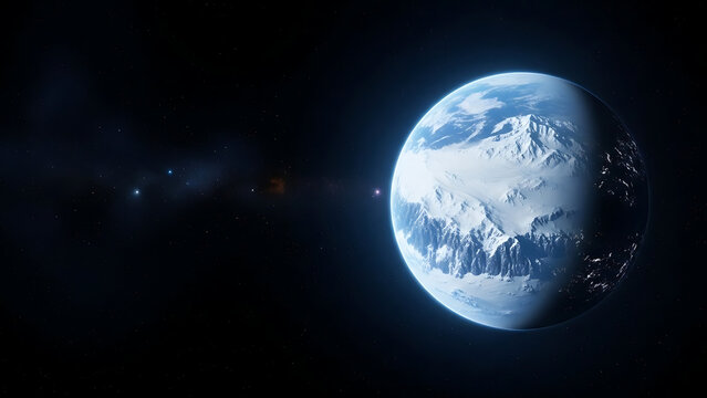 A distant planet with ice caps and mountain ranges viewed from the vast expanse of outer space
