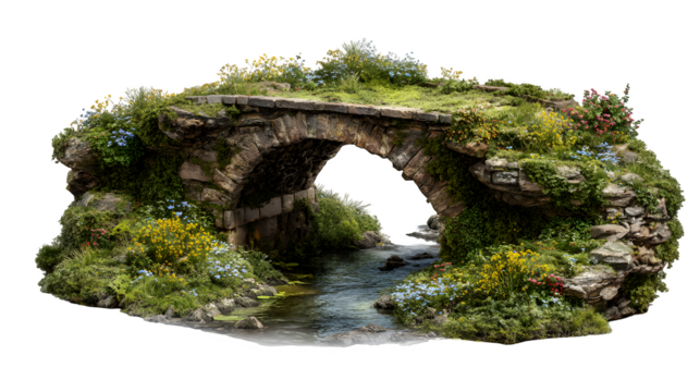 A stone bridge over a gentle village brook, covered in moss and edged with wildflowers, isolated on a Transparent background