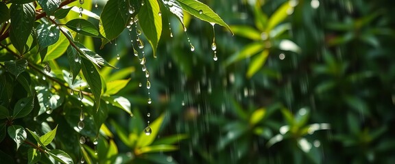 Obraz premium Raindrops cascade on lush green leaves, sunlight filtering through, close-up, texture