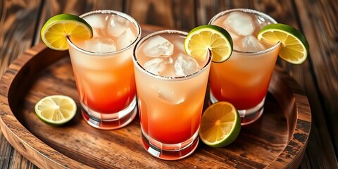 Fototapeta premium Three classic margaritas with lime wedges on a rustic wooden tray, ice, lime