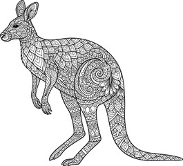 Kangaroo Zentangle Illustration – Transparent Detailed Black and White Decorative Animal Line Art.