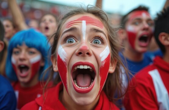Young girl and friends with painted faces in stadium. Fans scream loudly supporting their team during game. People enjoy football match excitement, celebrating loudly together in crowd.