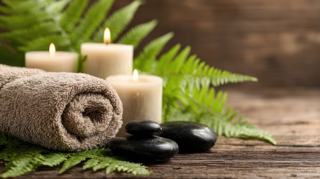 A cozy spa setting featuring a rolled towel soft candles smooth stones and green ferns. The warm ambiance creates a soothing atmosphere for relaxation and rejuvenation.