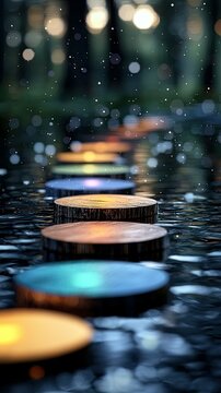 A row of colorful stepping stones in water, leading towards a blurred forest background with bokeh lights, creating a dreamy and tranquil atmosphere.