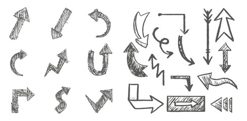 Arrow vector line set. Charcoal hand drawn pencil arrows. Doodle curved chalk darts. brush sketch arrow line curve up, down shape chalk texture element set. Abstract grunge scribble chalk crayon style