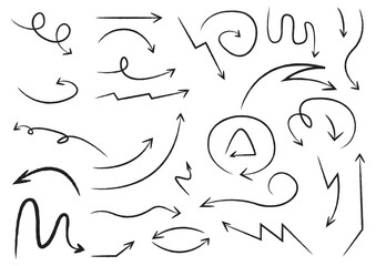 Arrow vector line set. Charcoal hand drawn pencil arrows. Doodle curved chalk darts. brush sketch arrow line curve up, down shape chalk texture element set. Abstract grunge scribble chalk crayon style