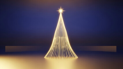 Glowing christmas tree made of light strands on a reflective surface against a dark blue background
