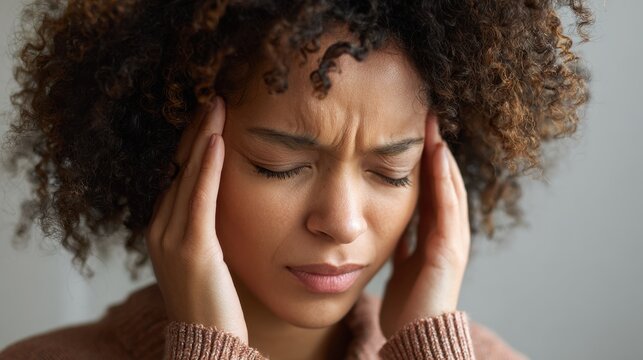A woman with curly hair is visibly stressed holding her temples in a calming room. She appears to be deep in thought reflecting feelings of anxiety or discomfort.