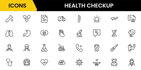 Health Checkup web icons in line style. Medicine, check up, doctor, dentistry, pharmacy, lab, scientific discovery, collection. Vector illustration.