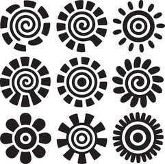 Assortment of Nine Black Graphic Sun and Flower Designs Isolated