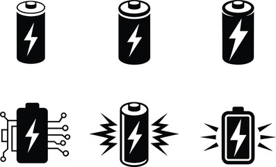 Naklejka premium Battery icon collection, lightning bolt energy symbols, electronic circuit battery, power discharge illustration, electricity storage, technology and renewable energy concept