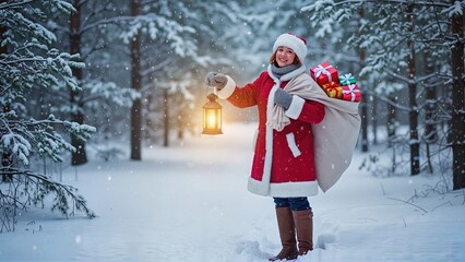 Christmas helper illuminating the path with lantern while carrying gifts in snowy forest