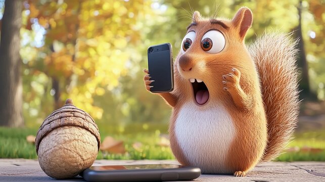 A cartoon squirrel is looking at a phone with a surprised expression, outdoors with an acorn nearby. - Powered by Adobe