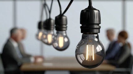 Obraz premium In a contemporary office, a group engages in a serious meeting, illuminated by warm vintage light bulbs. The atmosphere is focused yet creative with a touch of elegance