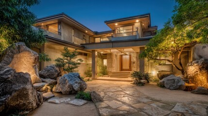 Fototapeta premium A modern home entrance showcases elegant architecture with soft evening lighting. Surrounding rocks and greenery create a tranquil garden atmosphere perfect for relaxation.