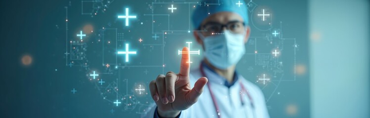Doctor wears mask and cap touches glowing plus symbols on digital interface. Medical professional interacts with futuristic health care tech and data analytics. Shows positive medical progress.