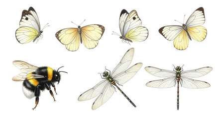 Detailed insects compilation featuring butterflies, bumblebee and dragonflies on white background, perfect for spring designs and nature-themed projects