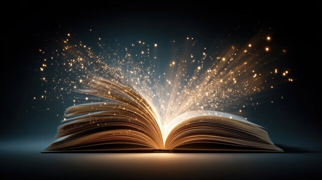 An open book is surrounded by shimmering light particles creating a magical atmosphere. The dark background highlights the enchanting scene inviting viewers into a world of imagination.
