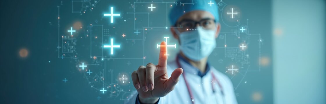 Doctor wears mask and cap touches glowing plus symbols on digital interface. Medical professional interacts with futuristic health care tech and data analytics. Shows positive medical progress. - Powered by Adobe