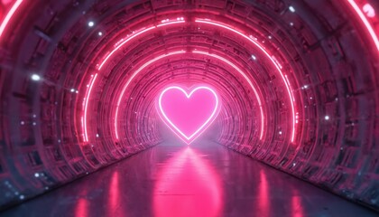Glowing neon pink heart symbol inside futuristic tunnel structure. Abstract modern bright illumination, circular light patterns within metallic sci-fi corridor.