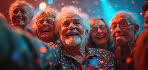 Happy seniors take selfie at night party. Group of old friends celebrate birthday together with confetti. Elderly people smile, laugh and enjoy vibrant event in retirement.