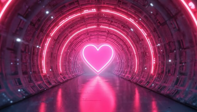 Glowing neon pink heart symbol inside futuristic tunnel structure. Abstract modern bright illumination, circular light patterns within metallic sci-fi corridor.