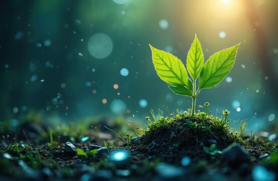 Image presents a vibrant plant emerging from the earth. Green leaves represent eco tech growth. Eco friendly theme integrates nature and digital nodes. Light flares. Beautiful bokeh.