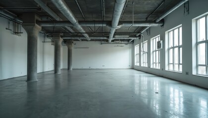 Empty office space is available for rent. Large bright loft room with industrial design and big windows. Modern interior architecture with concrete floor and pillars for office or showroom.
