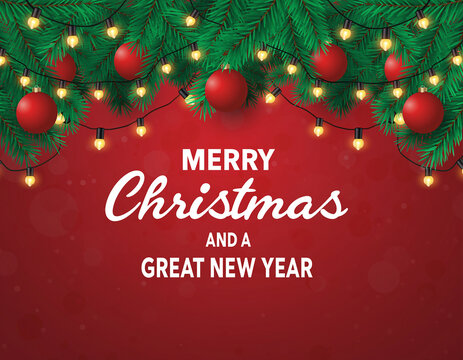 Merry christmas and a great new year greeting card with festive fir branches, baubles, and lights