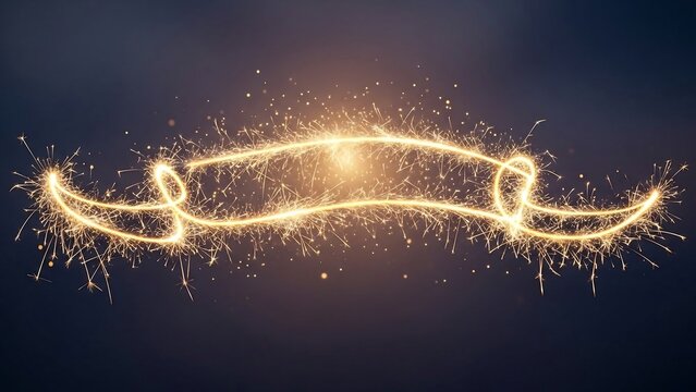 Elegant golden sparkler ribbon banner with glittering particles and glowing light trails on a dark background for festive celebrations