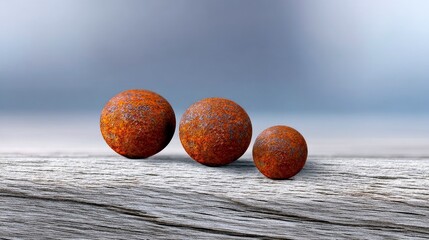 Three rusty spheres of different sizes are arranged on a weathered wooden surface, with a blurred blue background.