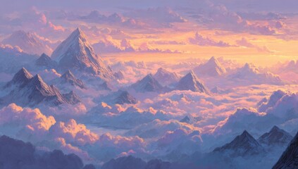 Panoramic mountain range scene, dawn/dusk light, clouds