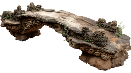 A stone footbridge over a narrow, babbling brook, adorned with intricate stone carvings of local wildlife, isolated on a Transparent background