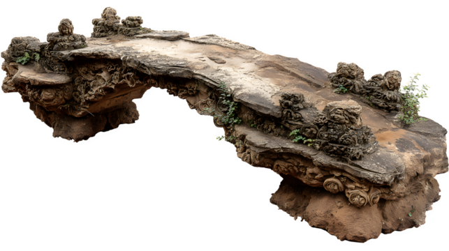 A stone footbridge over a narrow, babbling brook, adorned with intricate stone carvings of local wildlife, isolated on a Transparent background