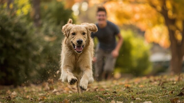 A golden retriever happily runs towards the camera in a park filled with autumn leaves. In the background a person is playing with the dog creating a lively and joyful scene.