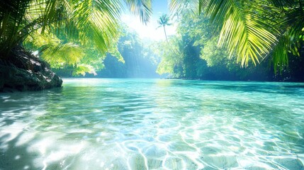 A tranquil tropical lagoon with crystal clear water, lush green palm trees, and a bright sunny day. The scene evokes a sense of peace and paradise.