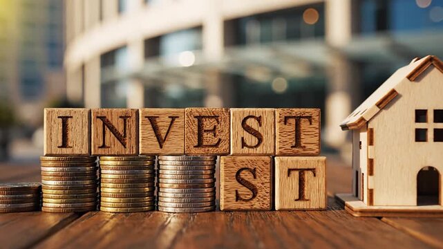 Wooden blocks spelling "INVEST" with stacks of coins and a miniature house model on a wooden surface, set against a blurred modern city building background. Symbolizes real estate investment, savings,