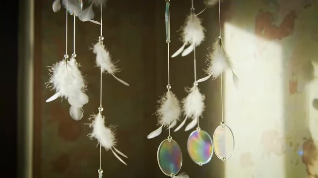 Close-up of decorative feather dream catcher hanging near window indoors.