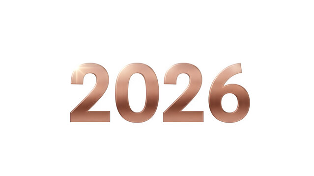 Metallic rose gold number 2026 digits isolated on transparent background, representing the upcoming year, a futuristic date, or a significant anniversary milestone in a clean, modern design