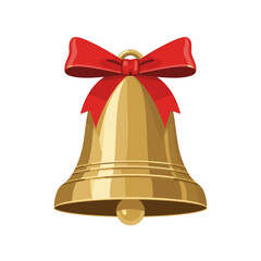 Shiny golden holiday bell decorated with a bright red ribbon bow on a light background.
