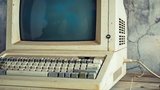 An old, dusty, beige vintage personal computer with a CRT monitor and keyboard sitting on a wooden surface against a textured wall.