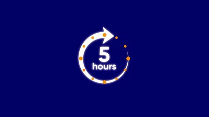 Animated five hours countdown timer graphic with circular progress bar and orange dots on dark blue background representing time passing and deadlines approaching - Powered by Adobe