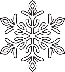 Detailed black and white outline drawing of an intricate, symmetrical, six-pointed snowflake design