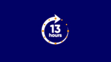 Animated countdown timer graphic with glowing white circle and orange dots representing thirteen hours duration with arrow indicating progress on a dark blue background motion graphic for time