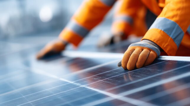 Two workers in bright orange safety gear carefully install solar panels under clear blue skies. Their focused efforts support the shift towards renewable energy sources and sustainability
