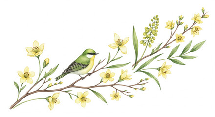 Fototapeta premium Charming green bird perched among delicate yellow flowers and foliage - a beautiful spring design for invitations, cards, and nature-themed projects