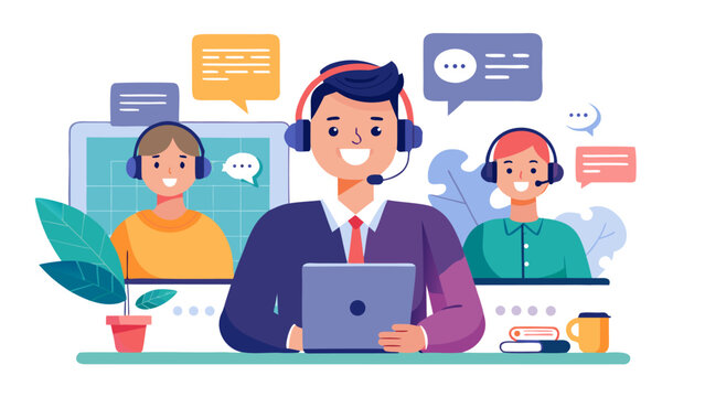 Female customer service agent with headset assisting clients in modern office with digital chat bubbles