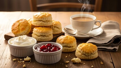 Scones with jam and tea with milk on the table. horizontal  